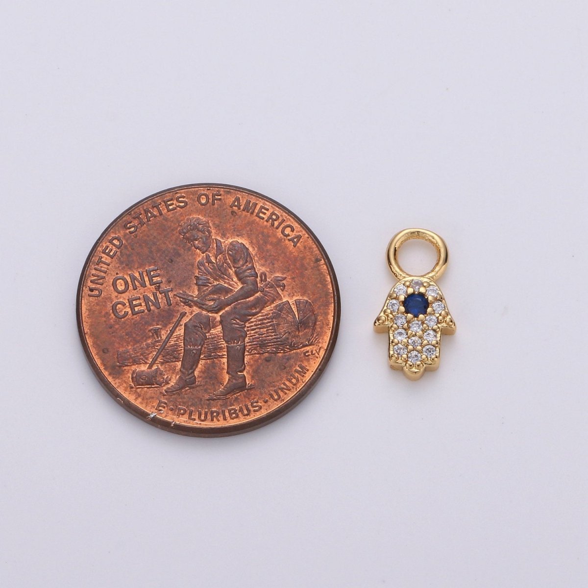 Small Hamsa Hand 14K Gold plated CZ Hamsa Charm, Micro Pave Cubic Hamsa Hand Charm for Necklace Bracelet Earring Charm w/ 4mm hole on top D-047 - DLUXCA