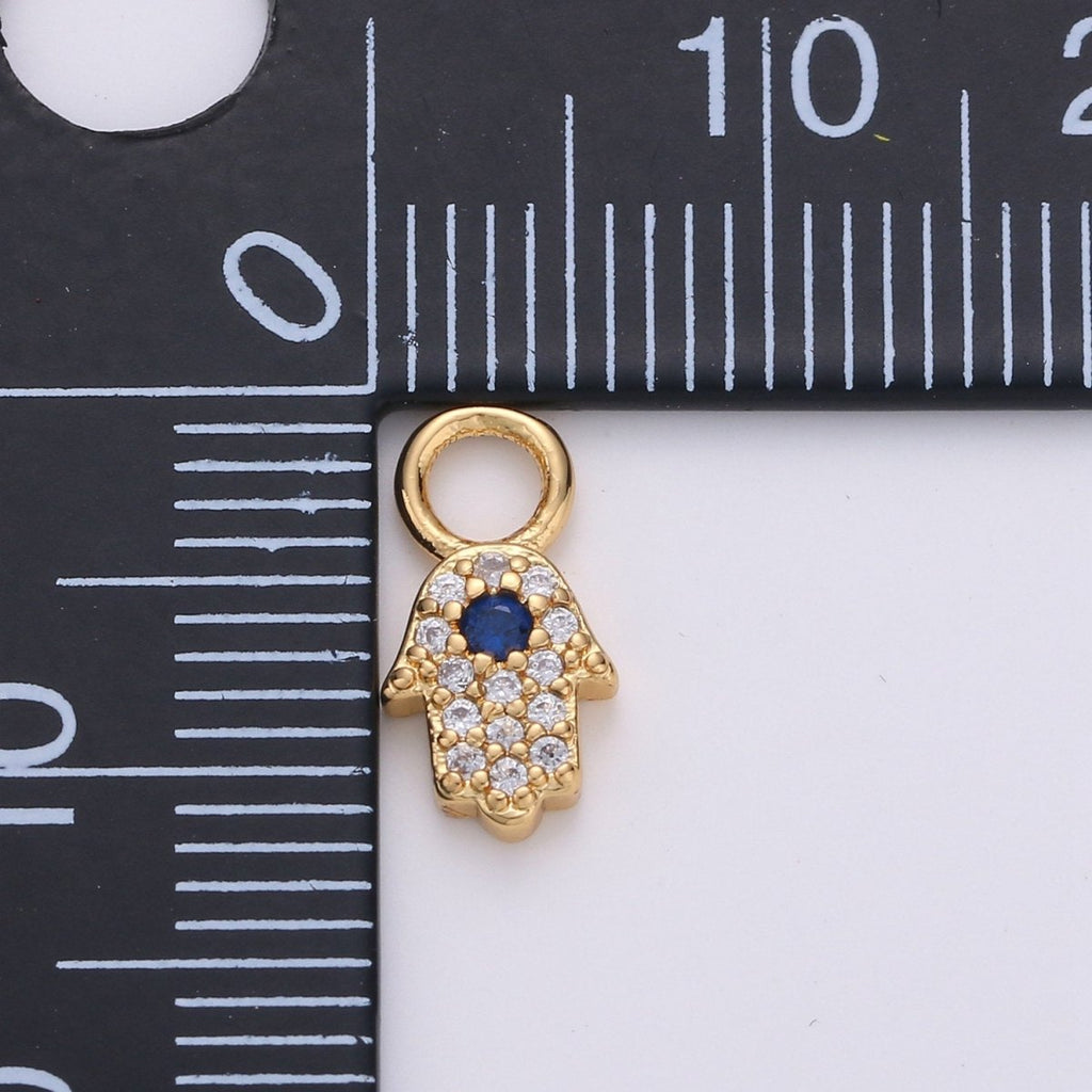 Small Hamsa Hand 14K Gold plated CZ Hamsa Charm, Micro Pave Cubic Hamsa Hand Charm for Necklace Bracelet Earring Charm w/ 4mm hole on top D-047 - DLUXCA