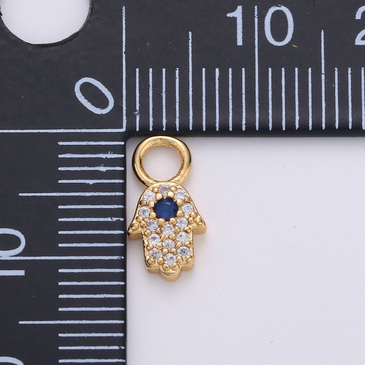 Small Hamsa Hand 14K Gold plated CZ Hamsa Charm, Micro Pave Cubic Hamsa Hand Charm for Necklace Bracelet Earring Charm w/ 4mm hole on top D-047 - DLUXCA