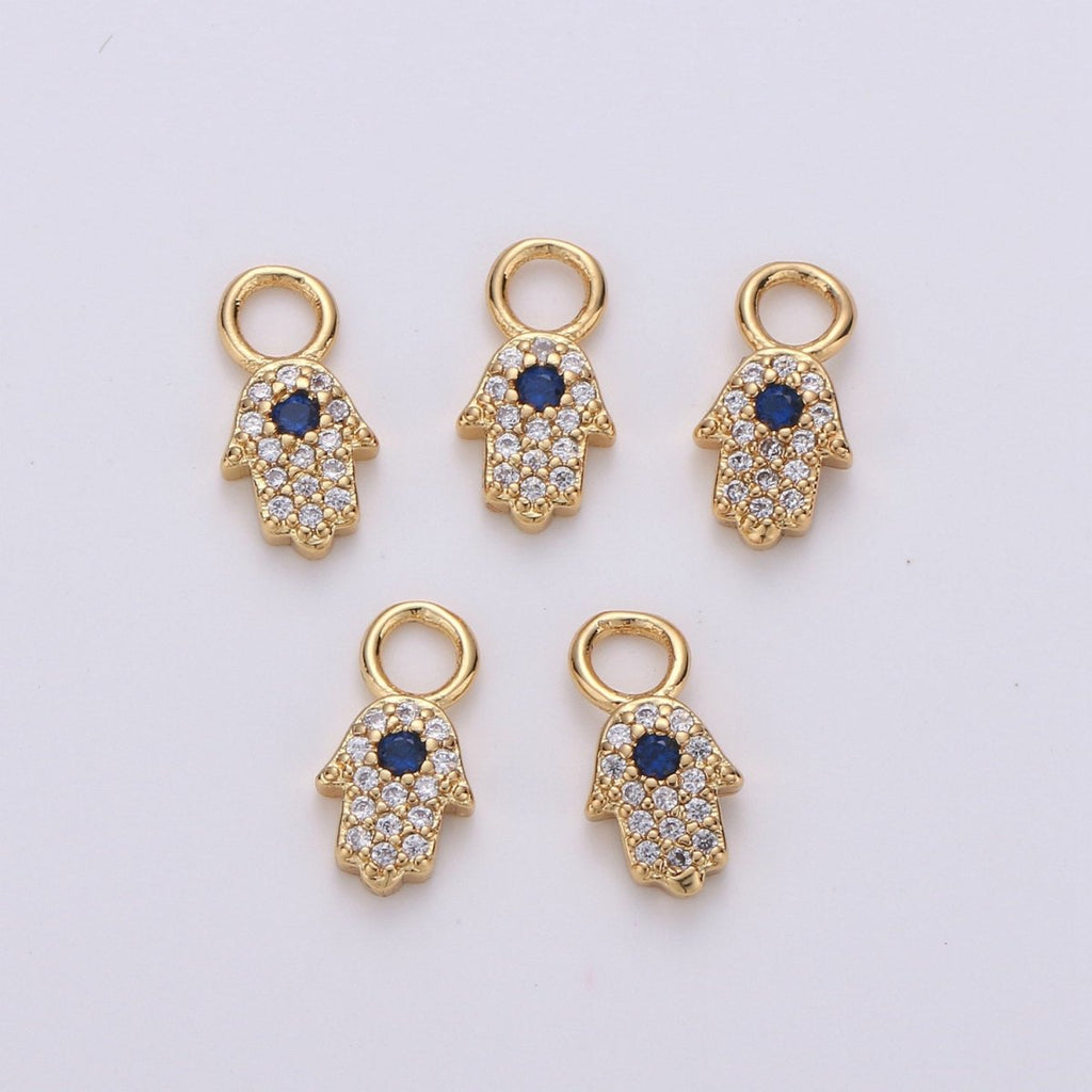 Small Hamsa Hand 14K Gold plated CZ Hamsa Charm, Micro Pave Cubic Hamsa Hand Charm for Necklace Bracelet Earring Charm w/ 4mm hole on top D-047 - DLUXCA