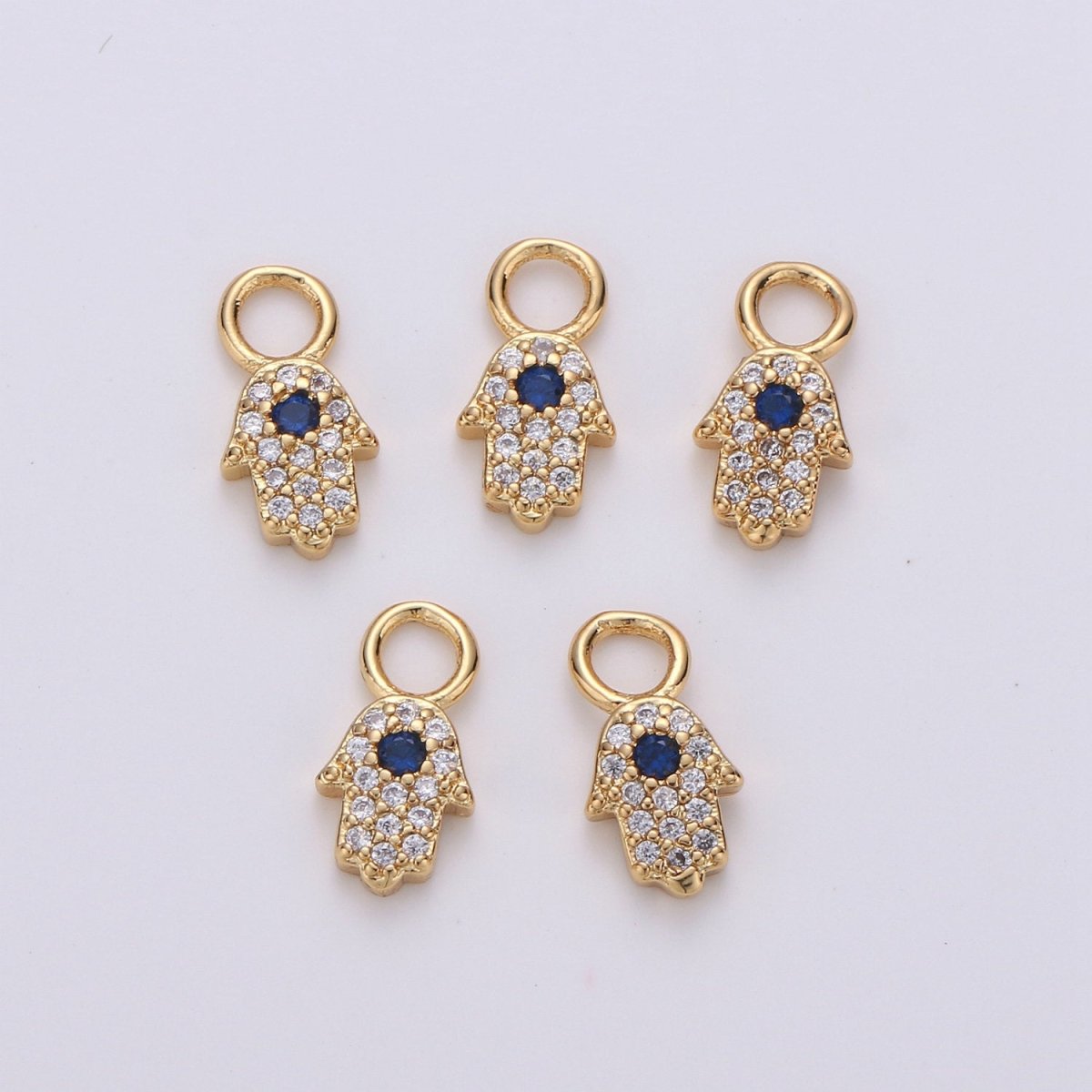 Small Hamsa Hand 14K Gold plated CZ Hamsa Charm, Micro Pave Cubic Hamsa Hand Charm for Necklace Bracelet Earring Charm w/ 4mm hole on top D-047 - DLUXCA