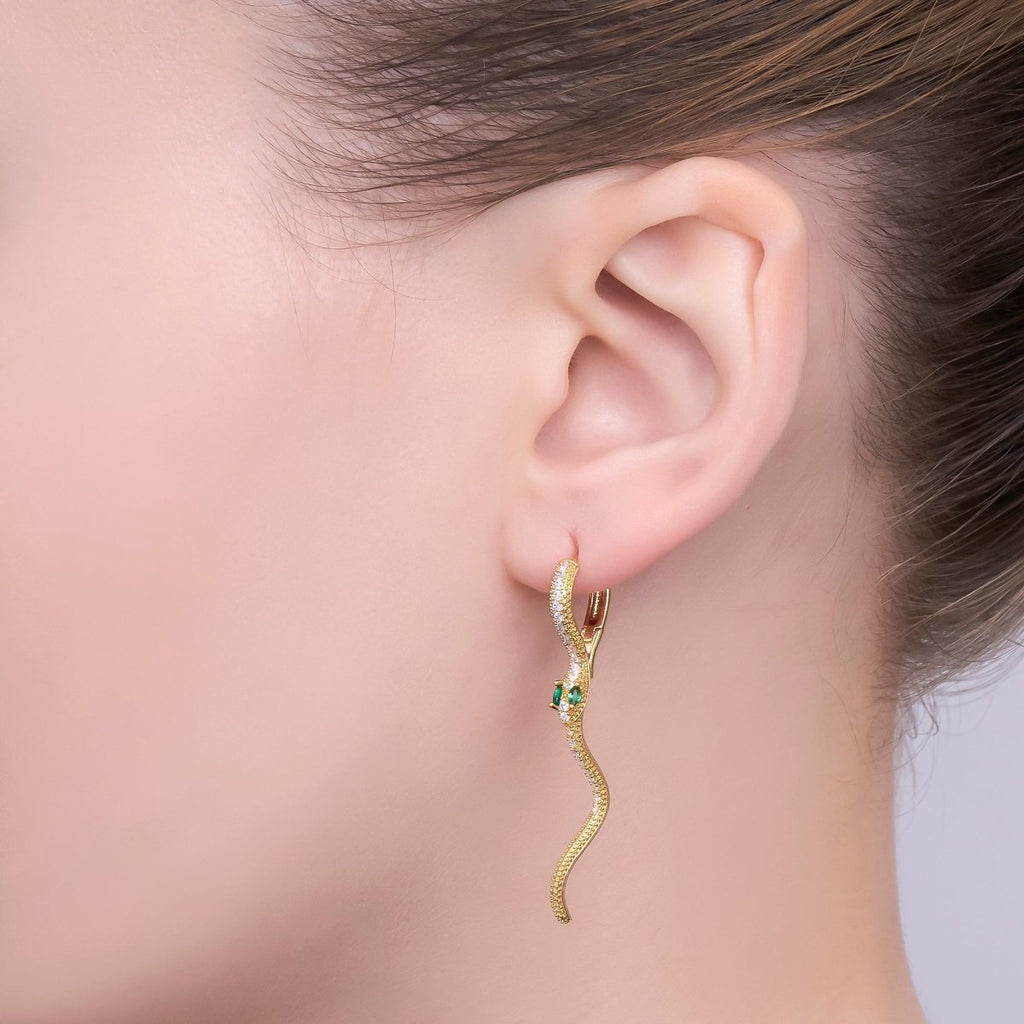 Snake Dangle Earrings with Green Eyes – Gold & Silver CZ Paved Serpent Earrings AB - 592 AB - 601 - DLUXCA