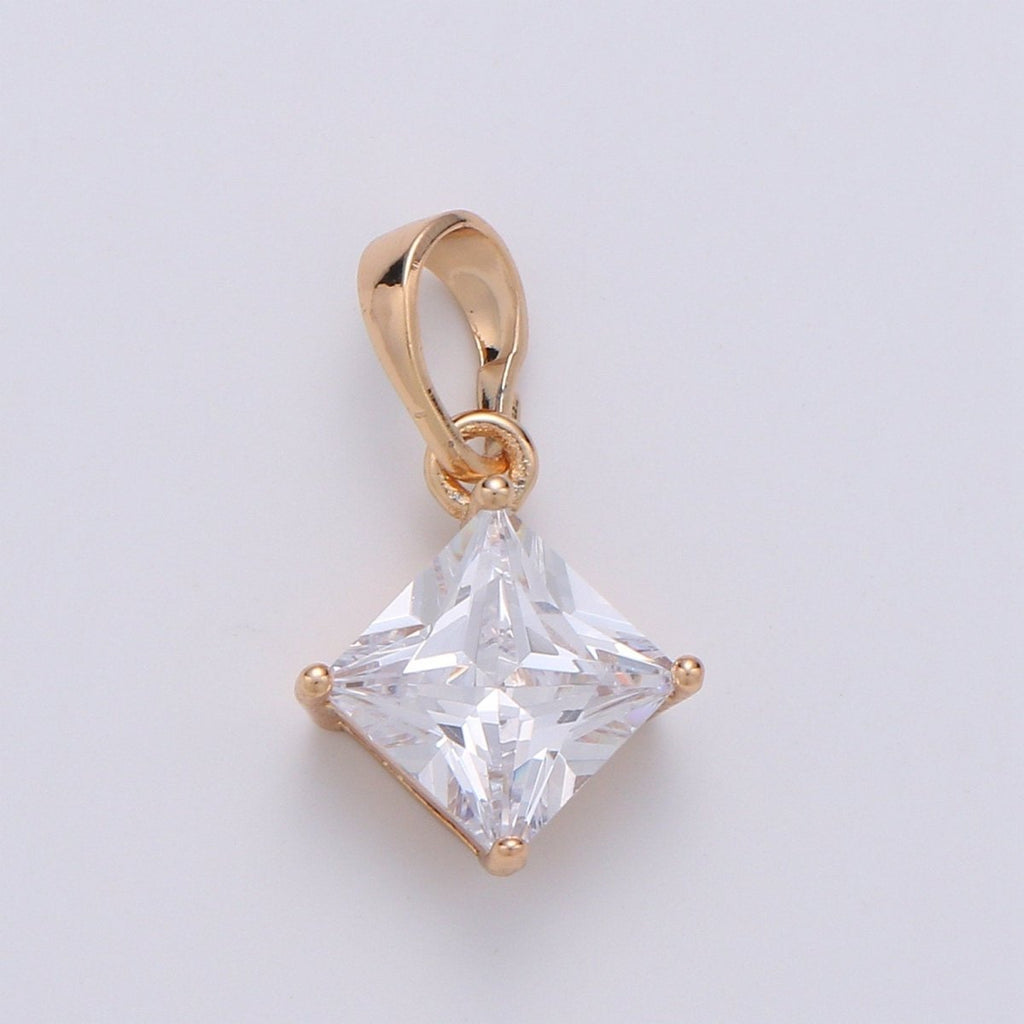 Solitaire Pendant Rose Gold plated Princess Cut Pendant for necklace April Birthstone, Clear Cubic Rhombus Charm Geometric jewelry J-089 - DLUXCA