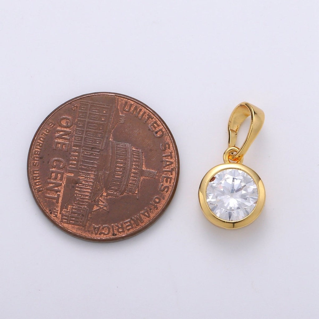 Solitaire Round Cubic Zirconia in Bezel Charm Pendant, 24K Gold plated Charm for Dangle Necklace Bracelet Earring Supply J-076 - DLUXCA
