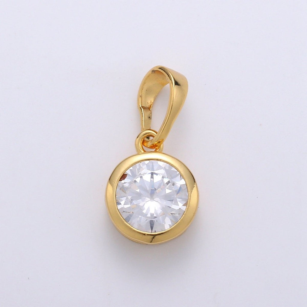 Solitaire Round Cubic Zirconia in Bezel Charm Pendant, 24K Gold plated Charm for Dangle Necklace Bracelet Earring Supply J-076 - DLUXCA