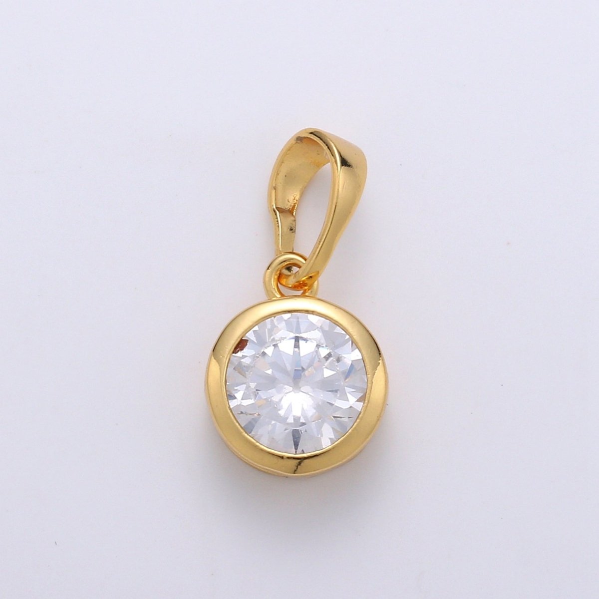 Solitaire Round Cubic Zirconia in Bezel Charm Pendant, 24K Gold plated Charm for Dangle Necklace Bracelet Earring Supply J-076 - DLUXCA