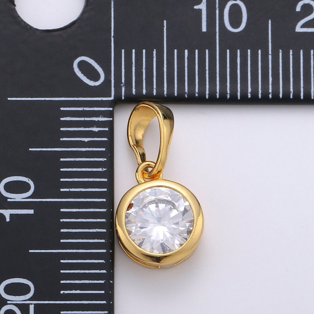 Solitaire Round Cubic Zirconia in Bezel Charm Pendant, 24K Gold plated Charm for Dangle Necklace Bracelet Earring Supply J-076 - DLUXCA