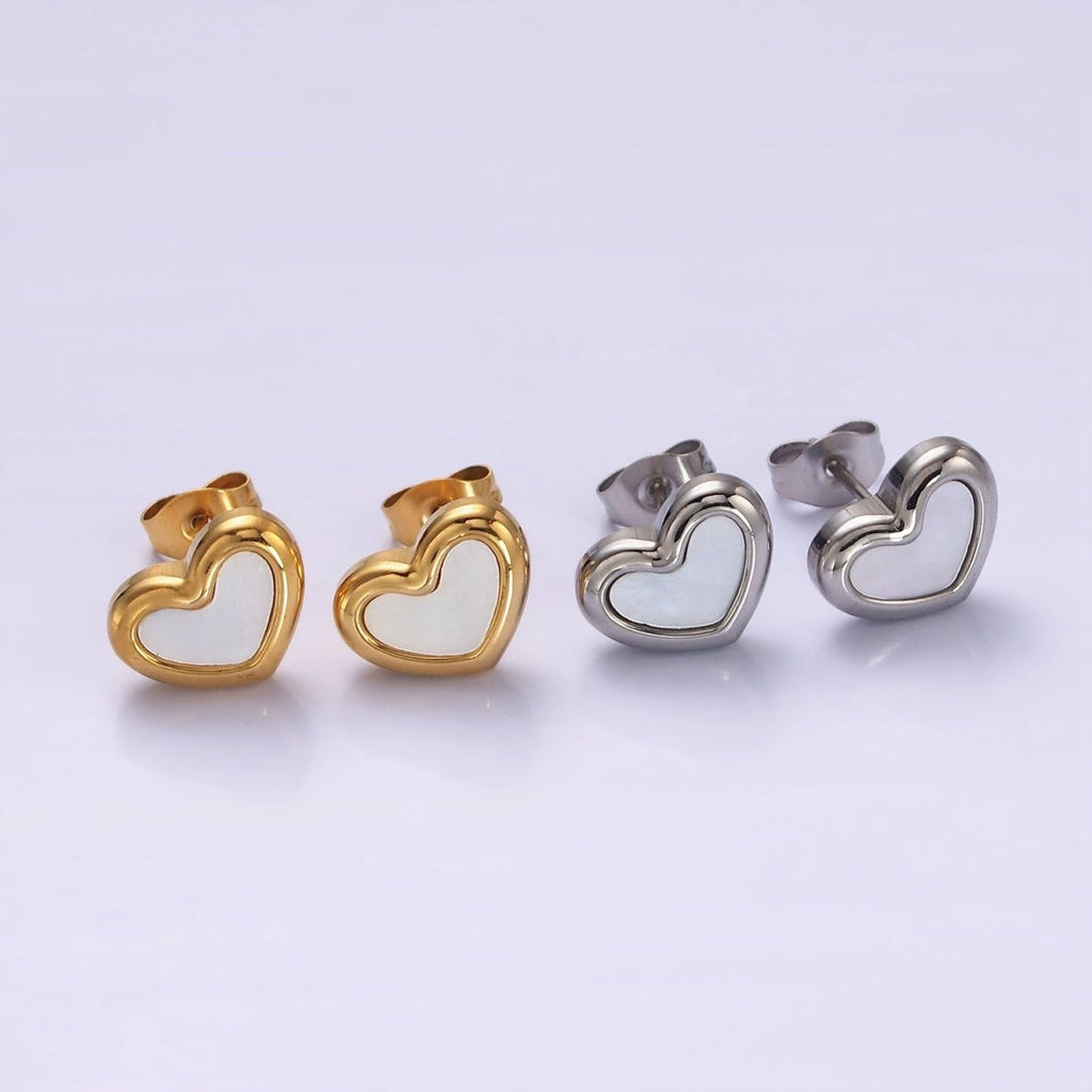 Stainless Steel 10mm Shell Pearl Heart Bezel Stud Earrings in Gold & Silver | AB1123 AB1124