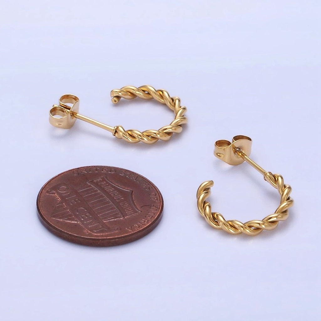Stainless Steel 15mm Rope Croissant C-Shaped Earrings in Gold & Silver | AB1396 AB1397