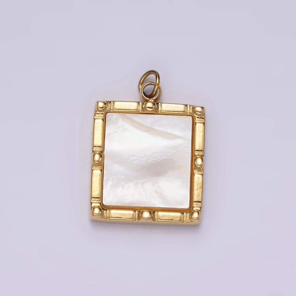 Stainless Steel 15mm Shell Pearl Square Bar Dot Bezel Charm in Silver & Gold | P682 P683 - DLUXCA