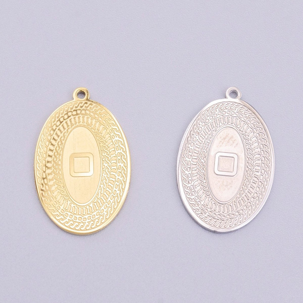 Stainless Steel 19.5mm Geometric Engraved Box Oval Charm in Gold & Silver | P - 919 - DLUXCA