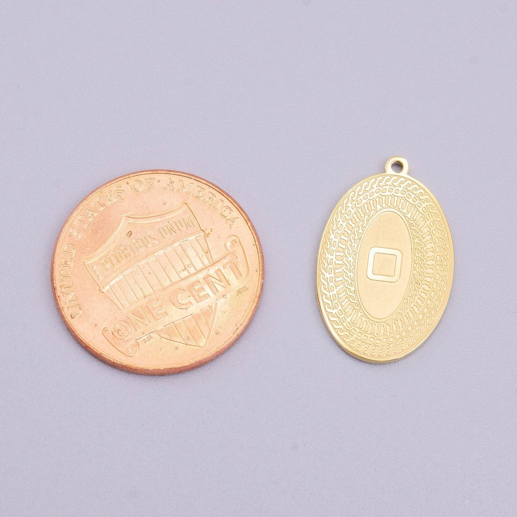 Stainless Steel 19.5mm Geometric Engraved Box Oval Charm in Gold & Silver | P - 919 - DLUXCA