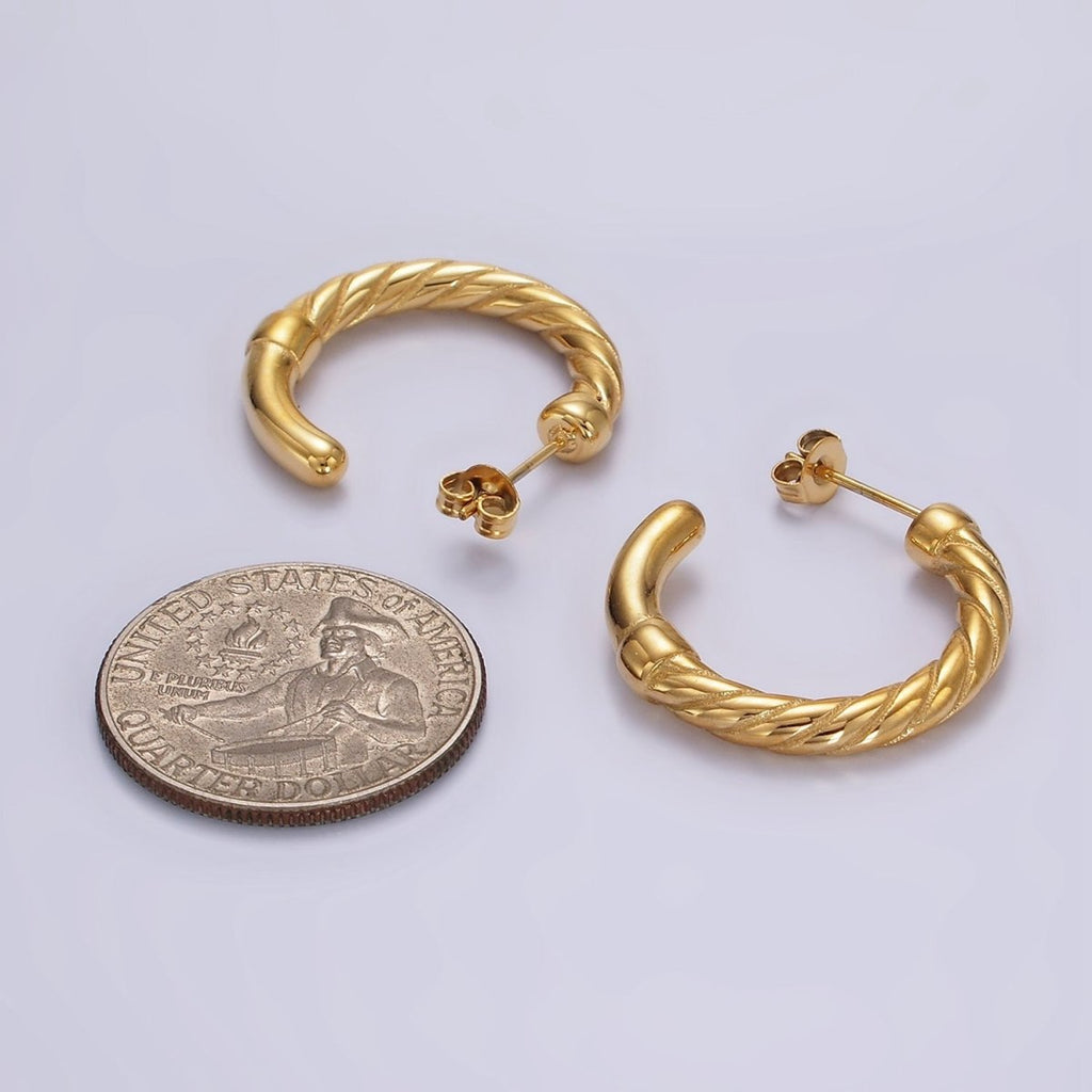 Stainless Steel 25mm Line-Textured C-Shaped Hoop Earrings | AE391 - DLUXCA