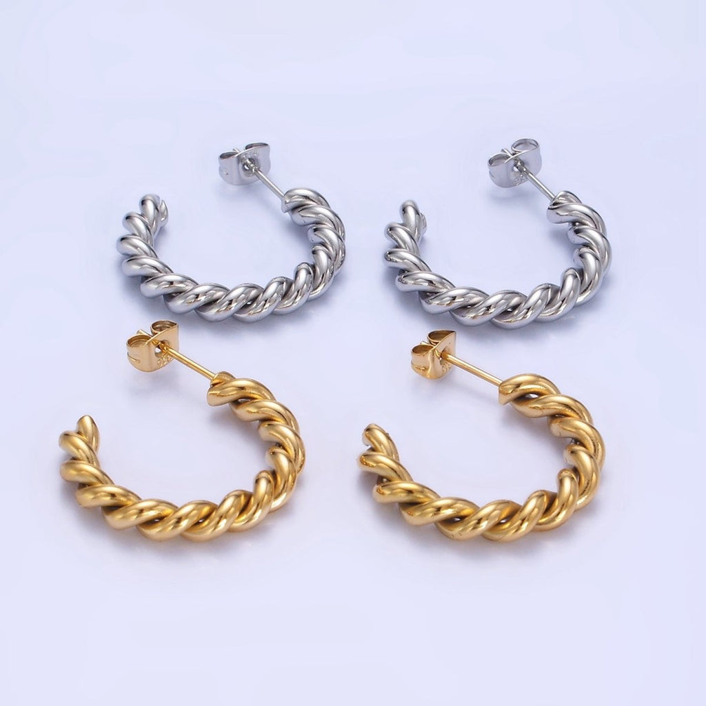 Stainless Steel 25mm Rope Croissant C-Shaped Hoop Earring in Gold & Silver | P450 P451