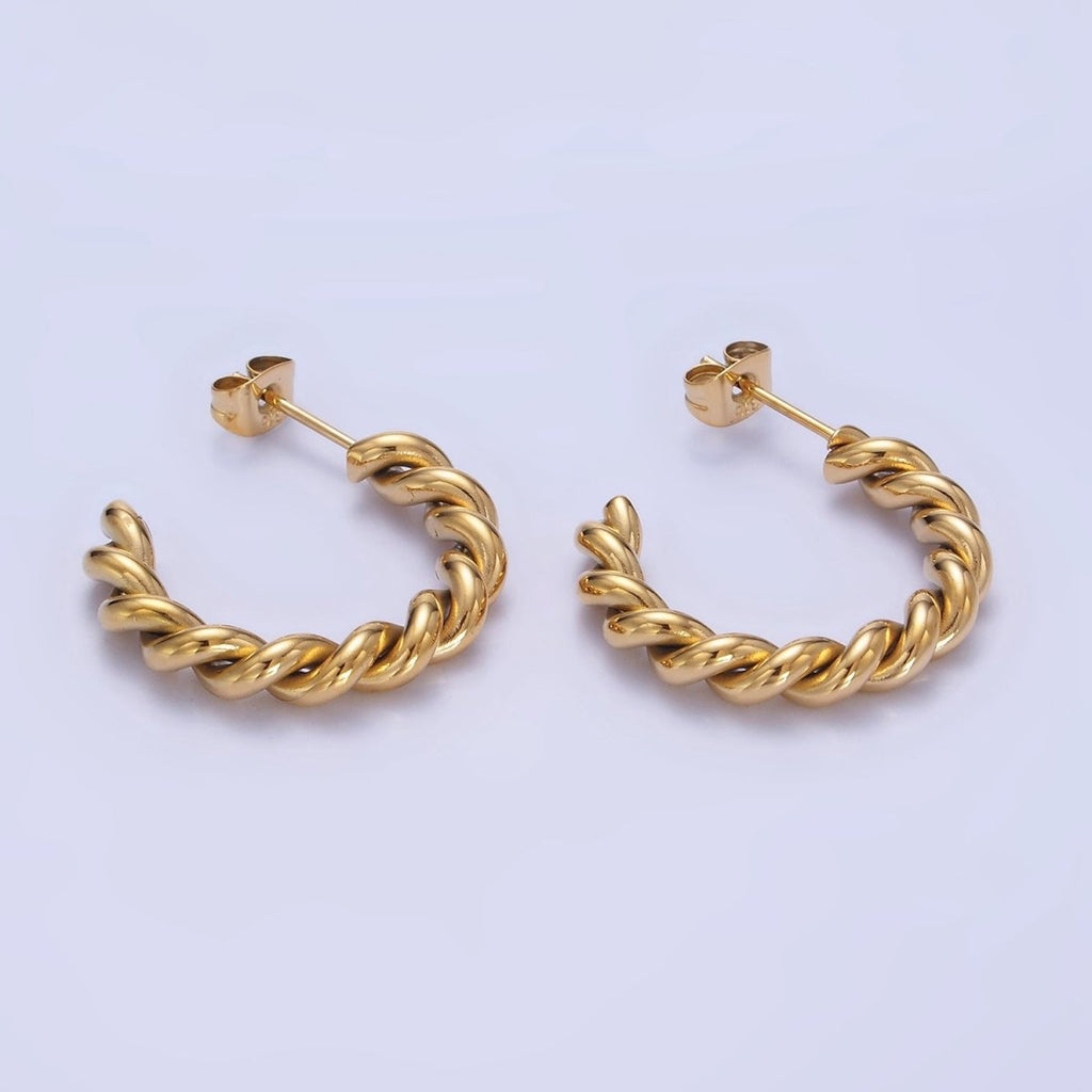 Stainless Steel 25mm Rope Croissant C-Shaped Hoop Earring in Gold & Silver | P450 P451