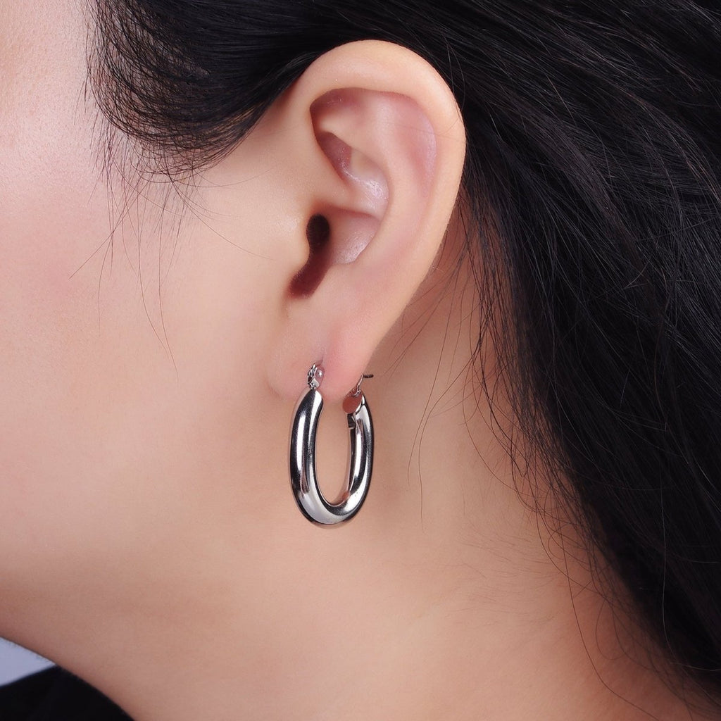 Stainless Steel 28mm Chubby Oblong Latch Hoop Earrings in Gold & Silver | AE210 AE211
