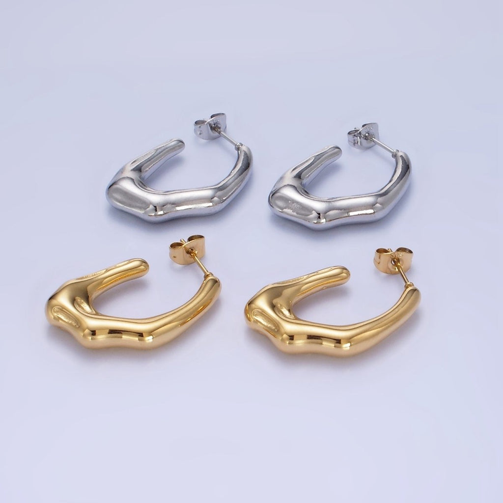 Stainless Steel 28mm Molten Abstract J-Shaped Hoop Earring in Gold & Silver | P438 P439