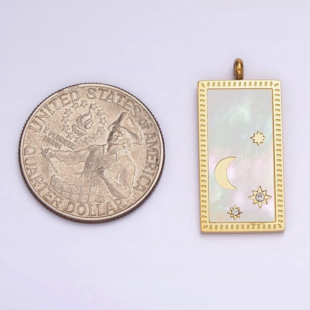 Stainless Steel 30mm Celestial Crescent Moon Star Shell Pearl Rectangular Tag Charm in Gold & Silver | P - 669 P - 670 - DLUXCA