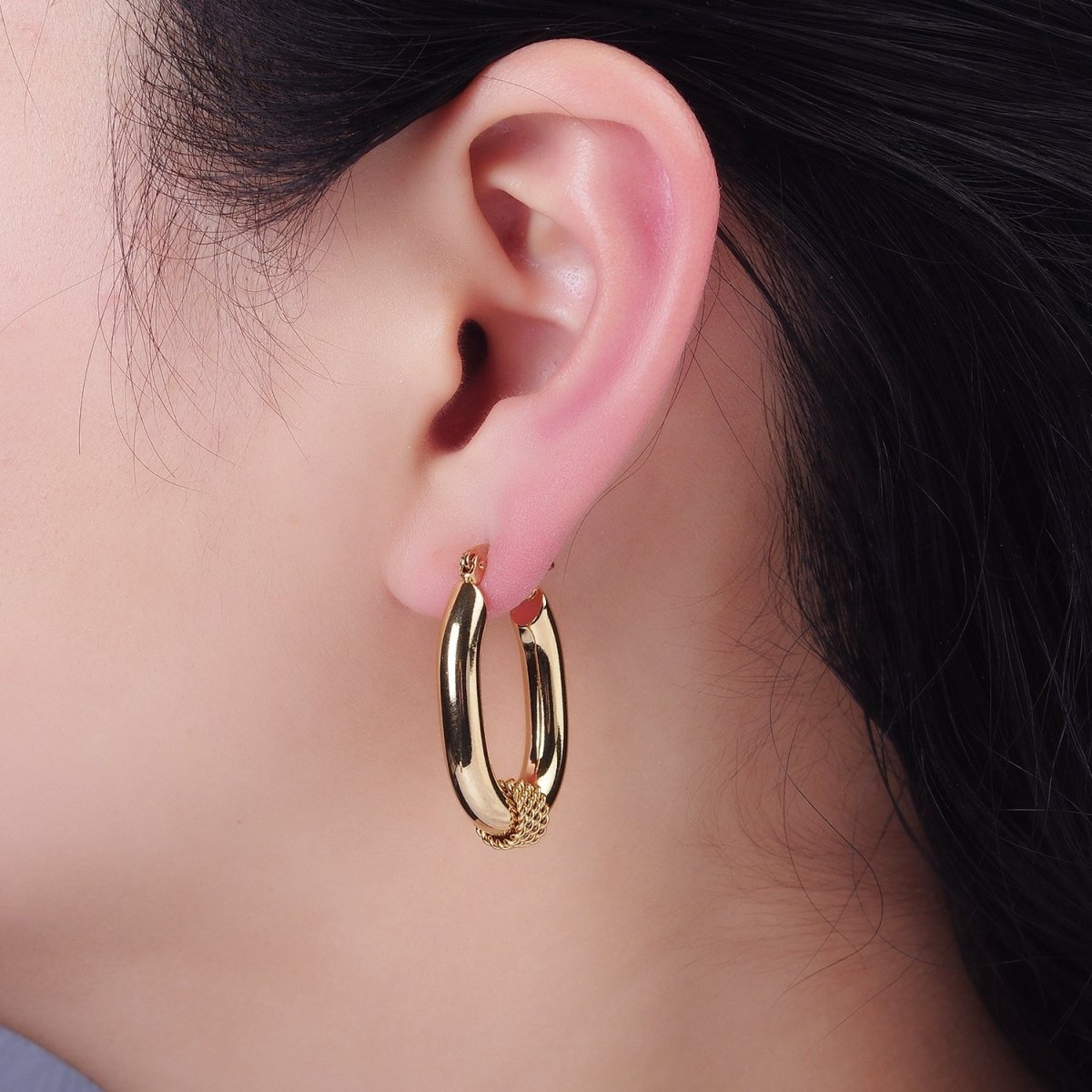Stainless Steel 30mm Multiple Twist Croissant Chubby Oblong Latch Hoop Earrings | AE437 - DLUXCA