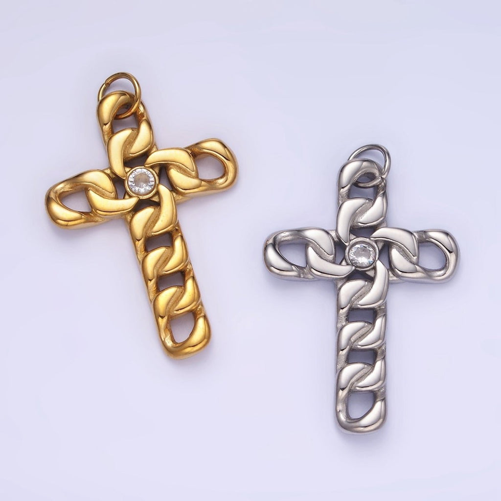 Stainless Steel 35mm CZ Curb Chain Religious Cross Charm in Gold & Silver | P965 - DLUXCA