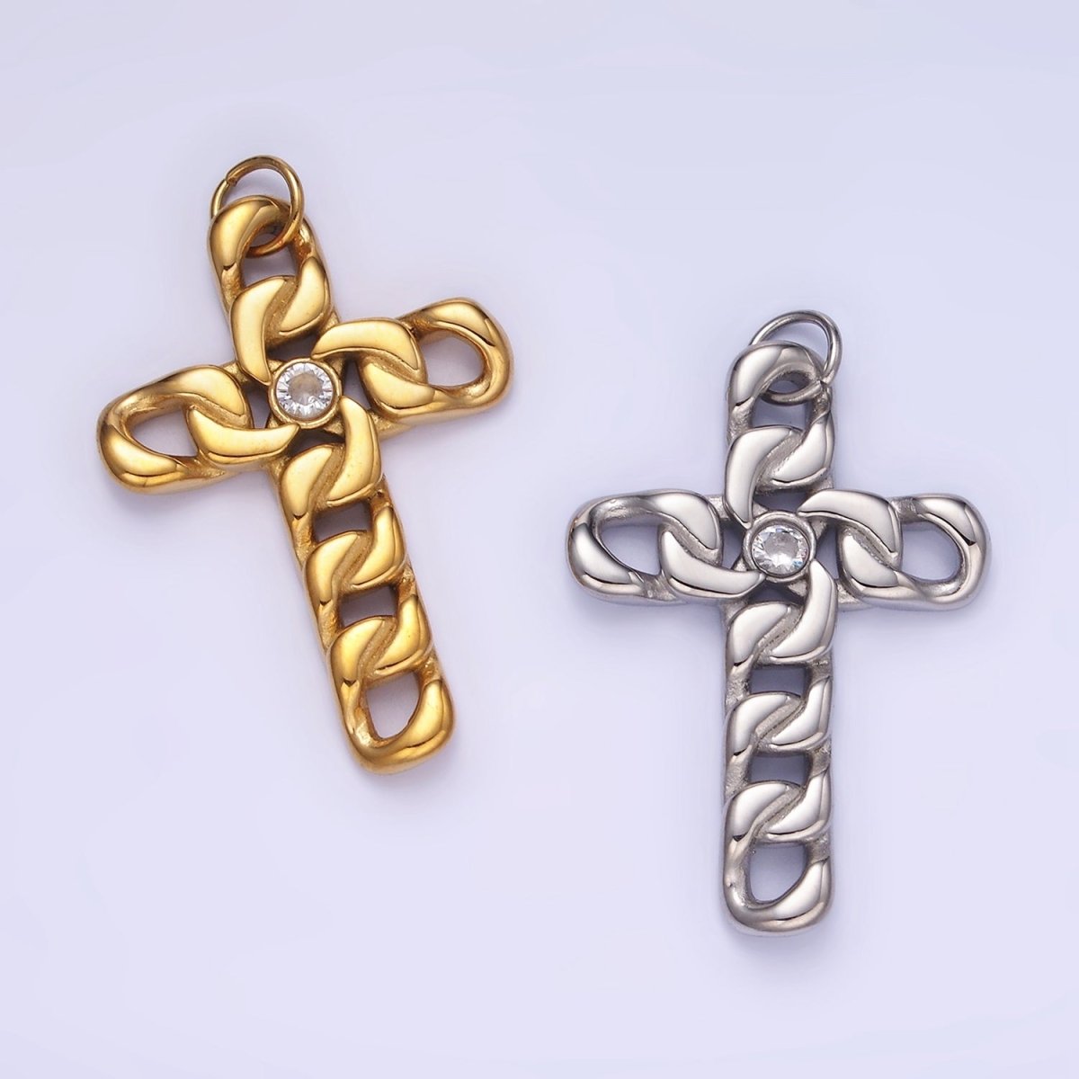 Stainless Steel 35mm CZ Curb Chain Religious Cross Charm in Gold & Silver | P965 - DLUXCA