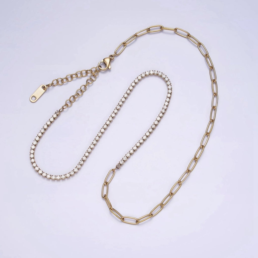 Stainless Steel 3mm Half Paperclip Clear Tennis Chain 15.5 Inch Choker Chain Necklace | WA-2046 Clearance Pricing - DLUXCA