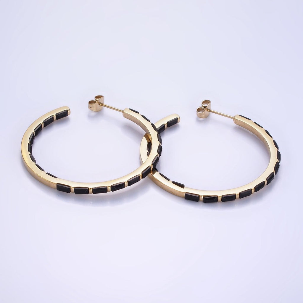 Stainless Steel 40mm Black Baguette CZ Lined C-Shaped Hoop Earrings | AB1151 - DLUXCA