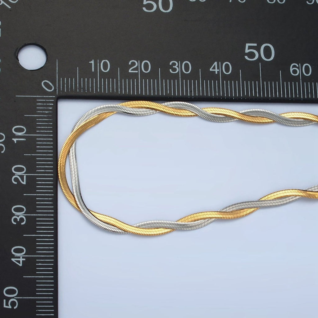 Stainless Steel 4mm Intertwining Herringbone Chains 17.9 Inch Necklace, Gold Mixed Metal or Silver Tone | WA - 2614, WA - 2615 - DLUXCA