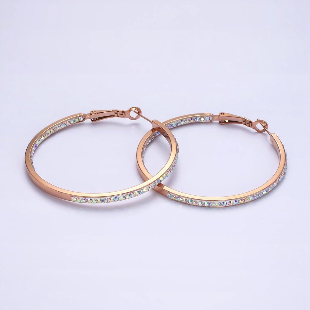 Stainless Steel 50mm, 40mm Iridescent CZ Lined Front-Facing Hinge Hoop Earrings | AE101 AE102 - DLUXCA
