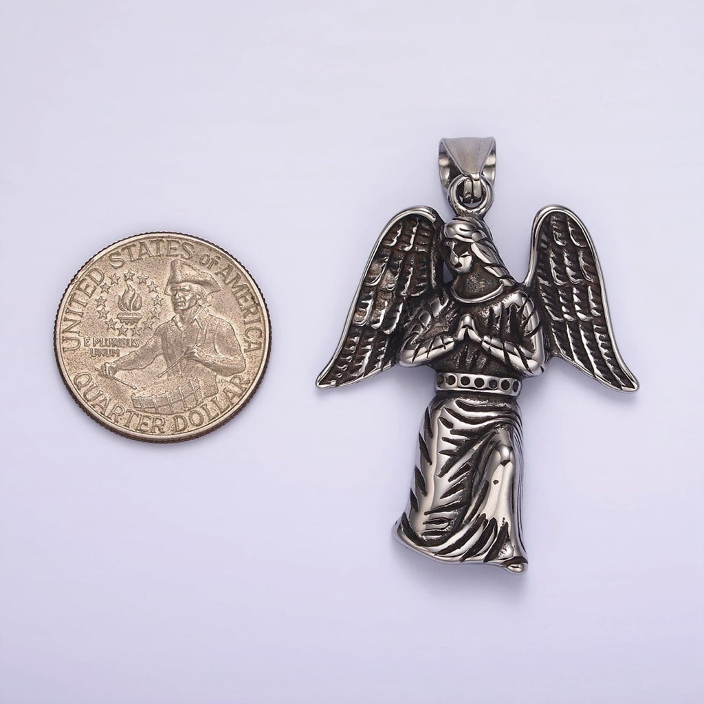 Stainless Steel 50mm Praying Angel Feather Wing Oxidized Pendant | P1188 - DLUXCA