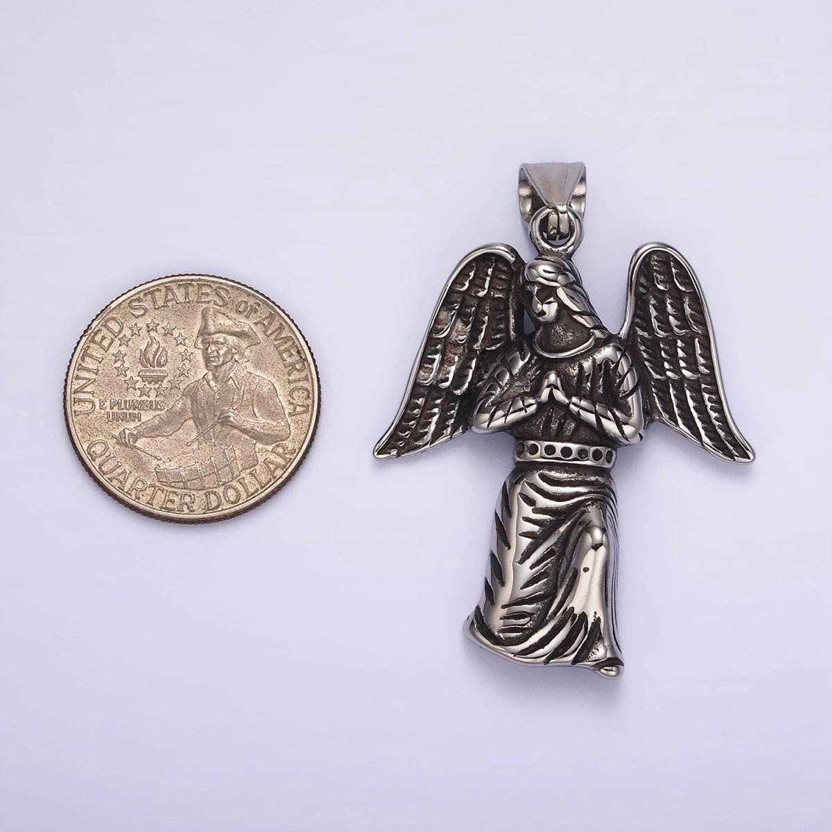 Stainless Steel 50mm Praying Angel Feather Wing Oxidized Pendant | P1188 - DLUXCA