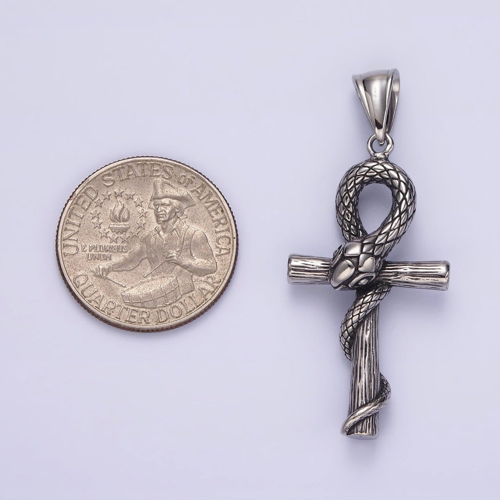 Stainless Steel 50mm Snake Wood-Textured Egyptian Ankh Cross Pendant | P-748 - DLUXCA