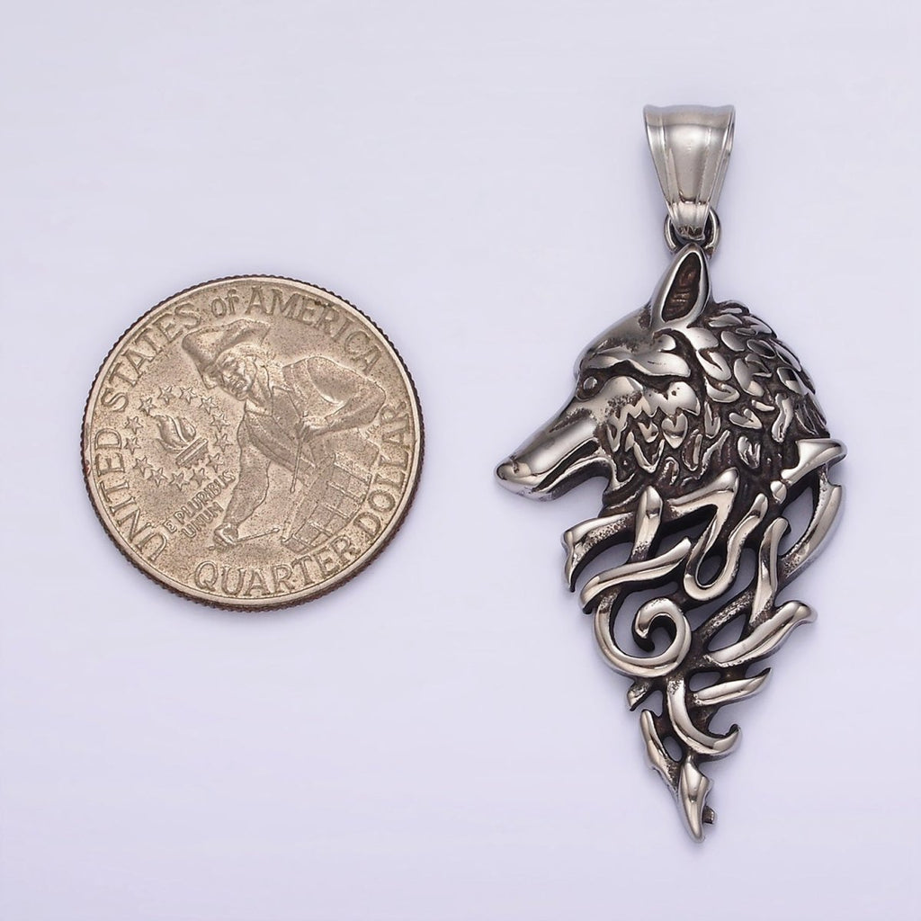 Stainless Steel 50mm Wolf Animal Head Geometric Open Oxidized Pendant | P1185 - DLUXCA