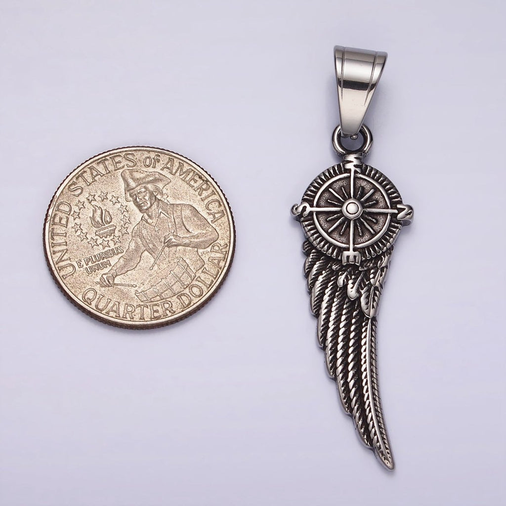 Stainless Steel 55mm Compass Angel Feather Wing Oxidized Pendant | P1180 - DLUXCA