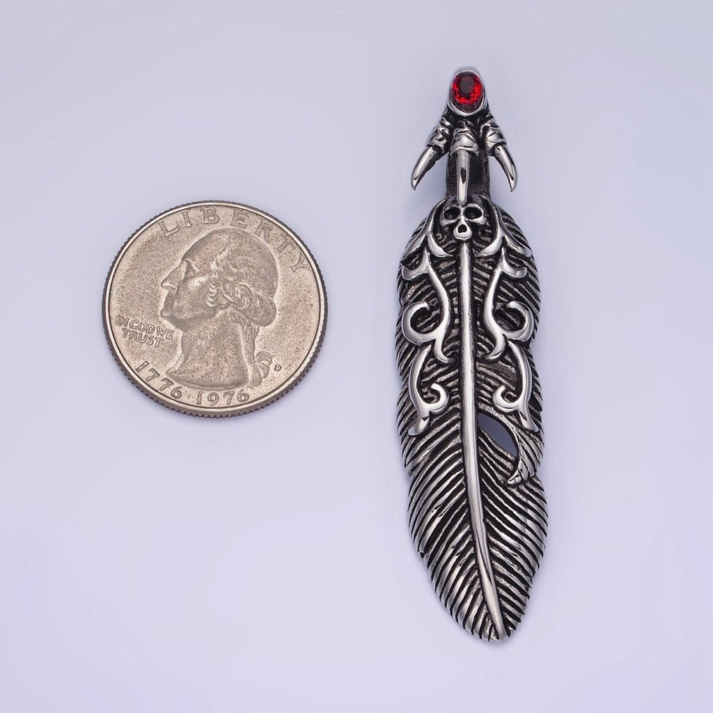 Stainless Steel 63mm Red CZ Feather Leaf Oxidized Pendant | P1390 - DLUXCA
