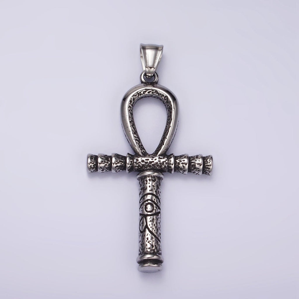 Stainless Steel 64mm Eye of Ra Engraved Egyptian Ankh Cross Pendant | P1058 - DLUXCA