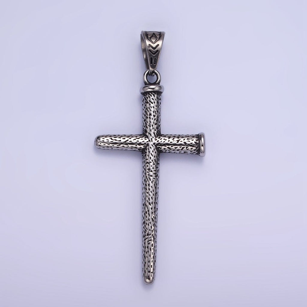 Stainless Steel 74mm Textured Nail Religious Cross Oxidized Silver Pendant | P1413 - DLUXCA