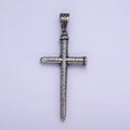 Stainless Steel 74mm Textured Nail Religious Cross Oxidized Silver Pendant | P1413 - DLUXCA
