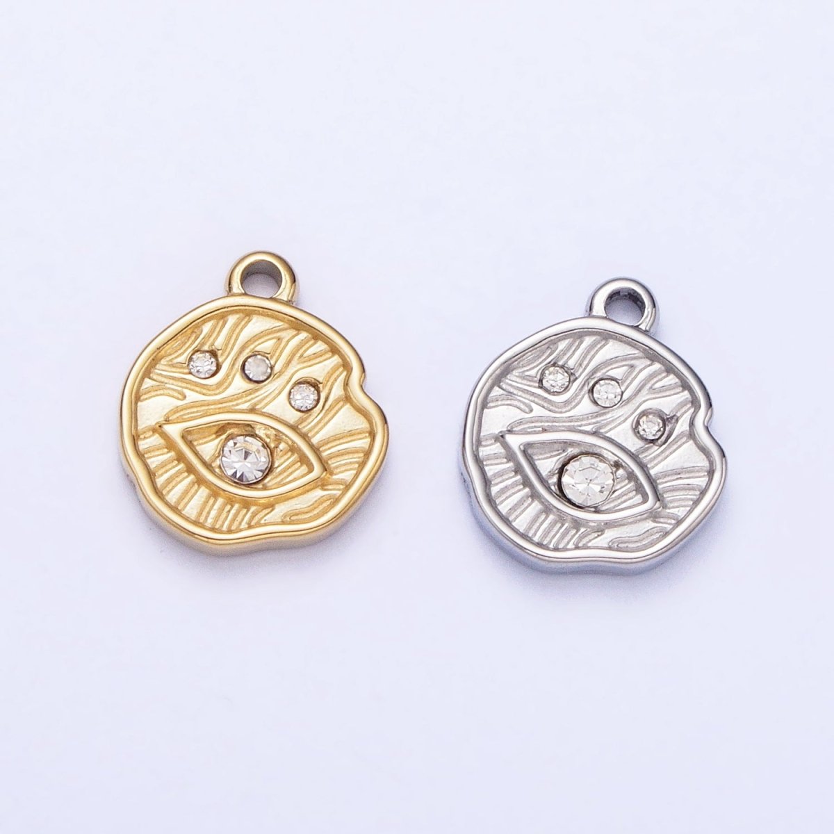 Stainless Steel Abstract Lined Evil Eye Clear CZ Round Add-On Charm in Gold & Silver | P-907 - DLUXCA