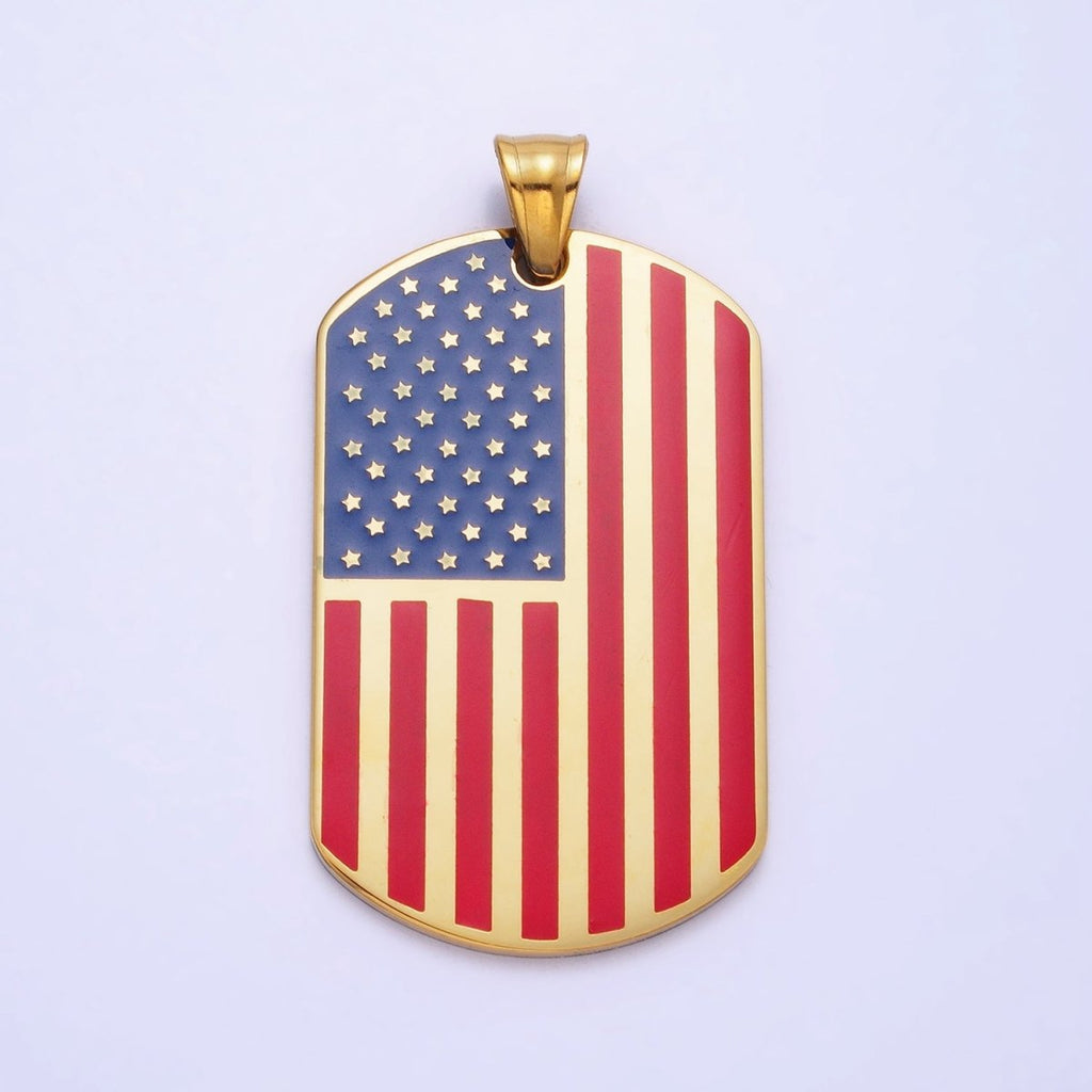 Stainless Steel American Flag Enamel Rectangular Tag Pendant in Gold & Silver | P-1106 - DLUXCA