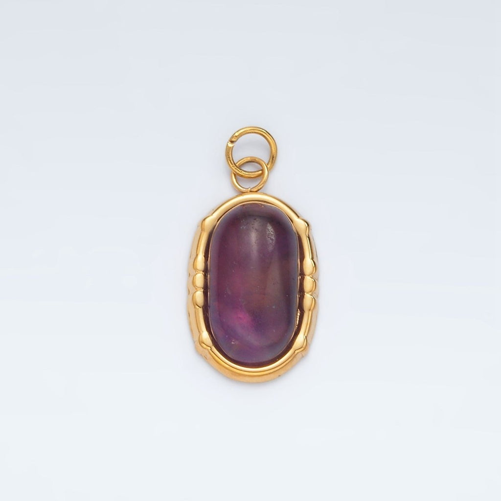Stainless Steel Amethyst Natural Gemstone Oblong Bezel Charm | P631 - DLUXCA