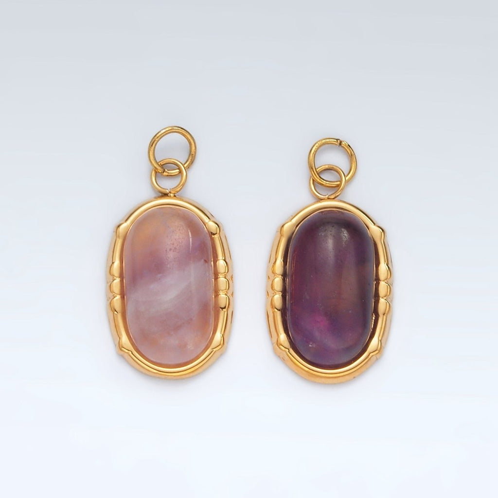 Stainless Steel Amethyst Natural Gemstone Oblong Bezel Charm | P631 - DLUXCA
