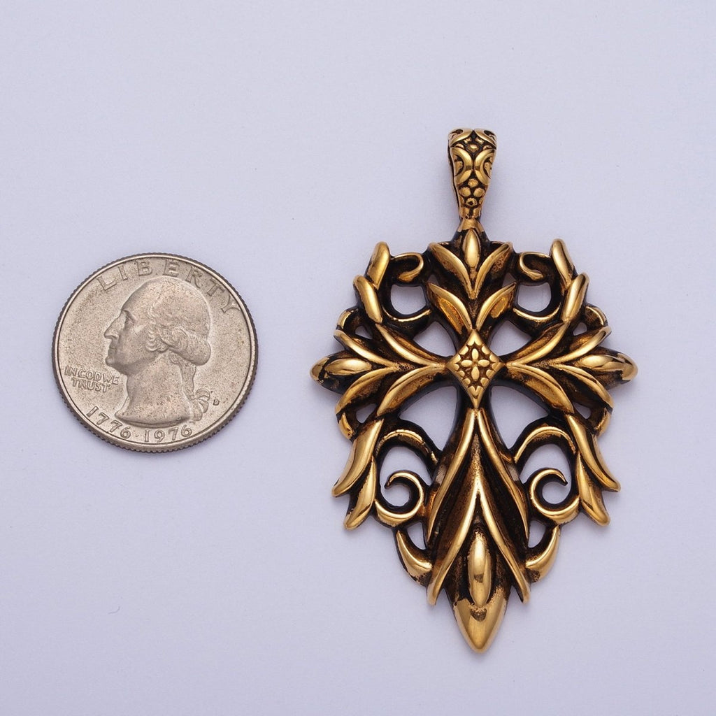 Stainless Steel Artisan Cross Religious Black Gold Pendant J-066 - DLUXCA
