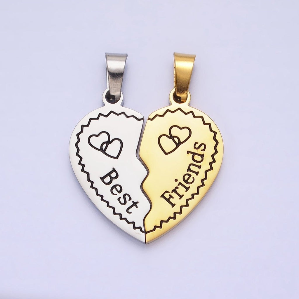 Stainless Steel "Best Friend" Script Engraved Hearts Mixed Metal Friendship Pendant Set | P-1128 - DLUXCA