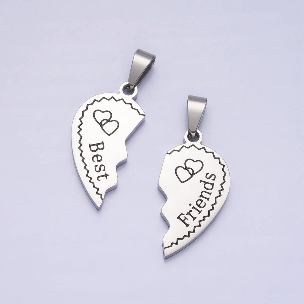 Stainless Steel "Best Friend" Script Engraved Hearts Silver Friendship Pendant Set | P - 1128 - DLUXCA