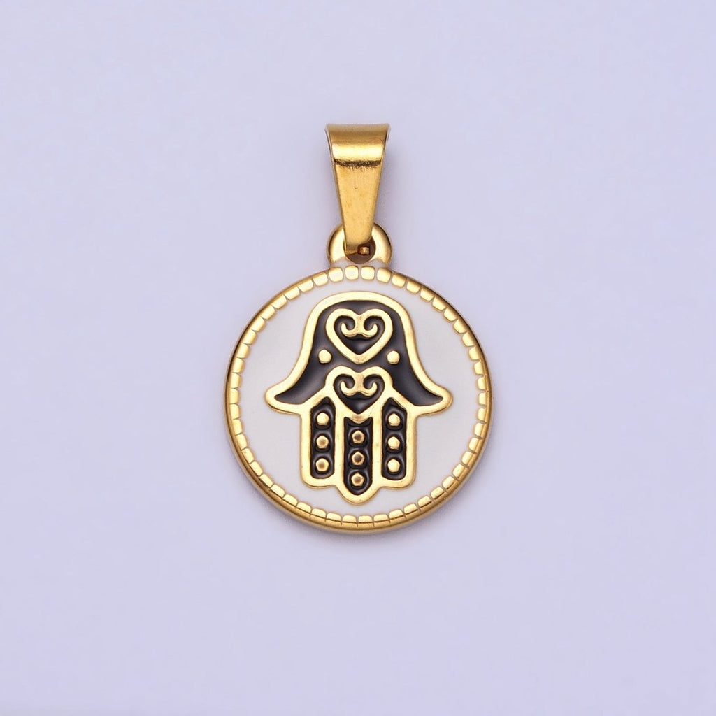 Stainless Steel Black Hamsa Hand White Enamel Round Pendant in Gold & Silver J-655 J-659 - DLUXCA