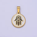 Stainless Steel Black Hamsa Hand White Enamel Round Pendant in Gold & Silver J-655 J-659 - DLUXCA