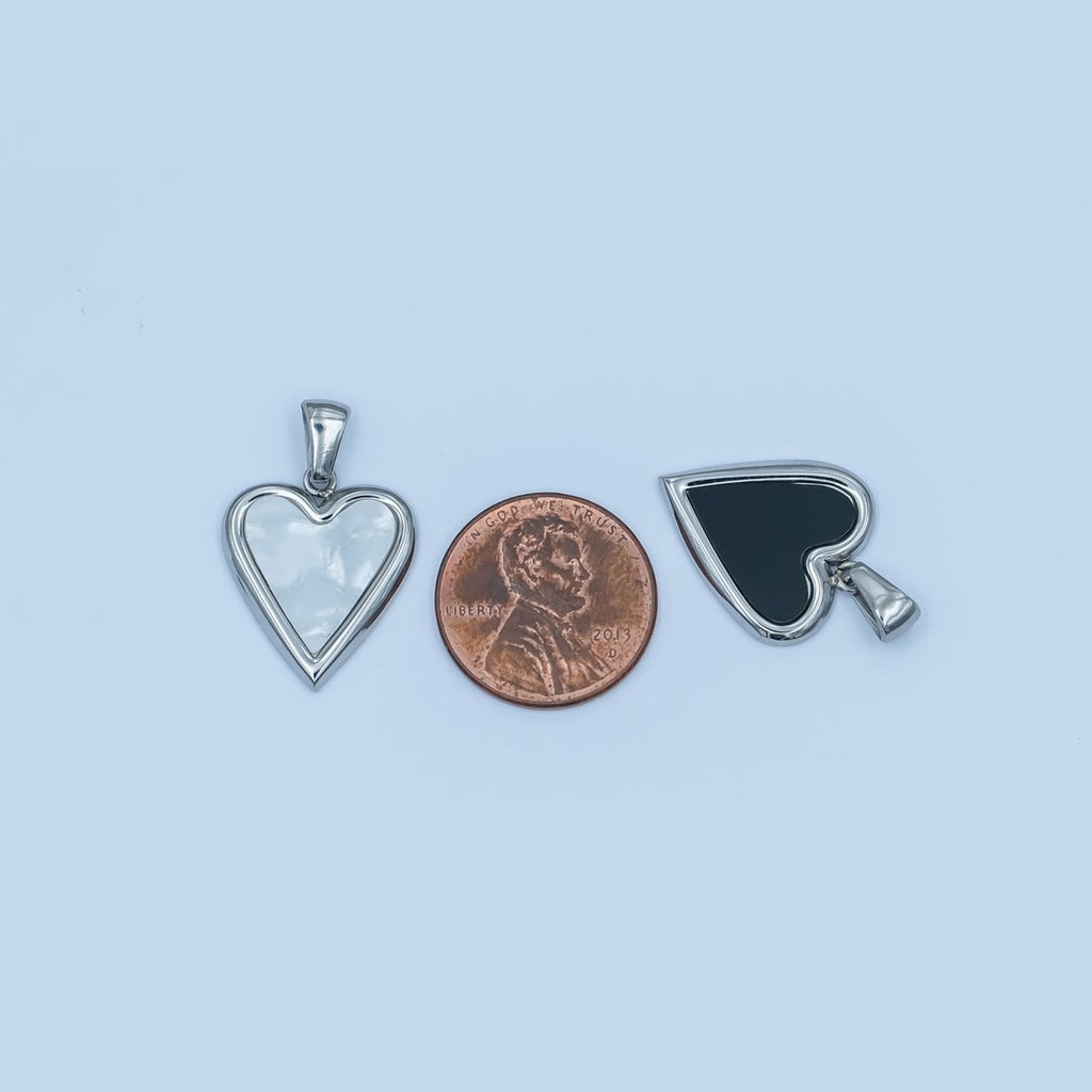 Stainless Steel Black, White Enamel Heart Bezel Pendant | P1420 - DLUXCA