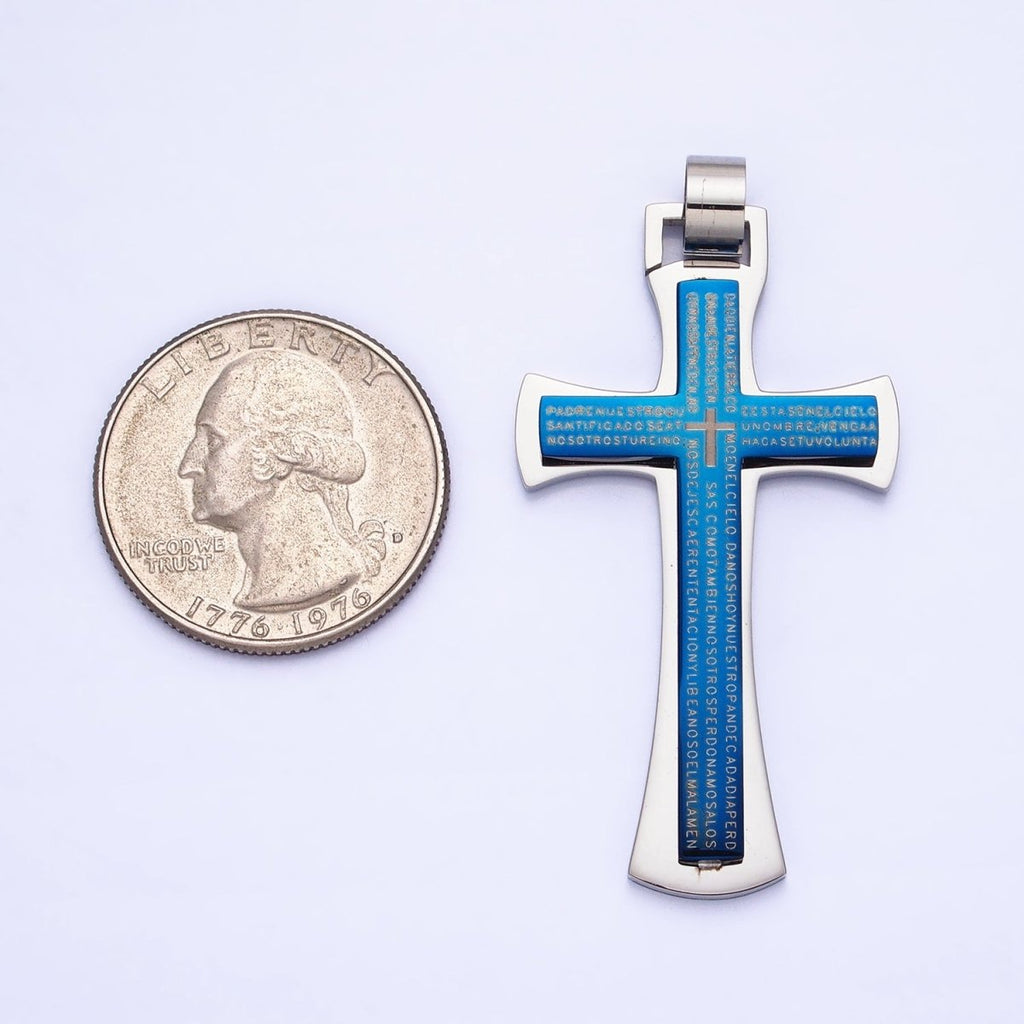 Stainless Steel Blue, Black, White Religious Curved Pattee Cross Lord's Prayer Engraved Script Pendant | P - 1152 - DLUXCA