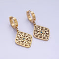 Stainless Steel Blue CZ Flower Filigree Rhombus Drop Huggie Earrings in Gold & Silver | AE477 AE478 - DLUXCA